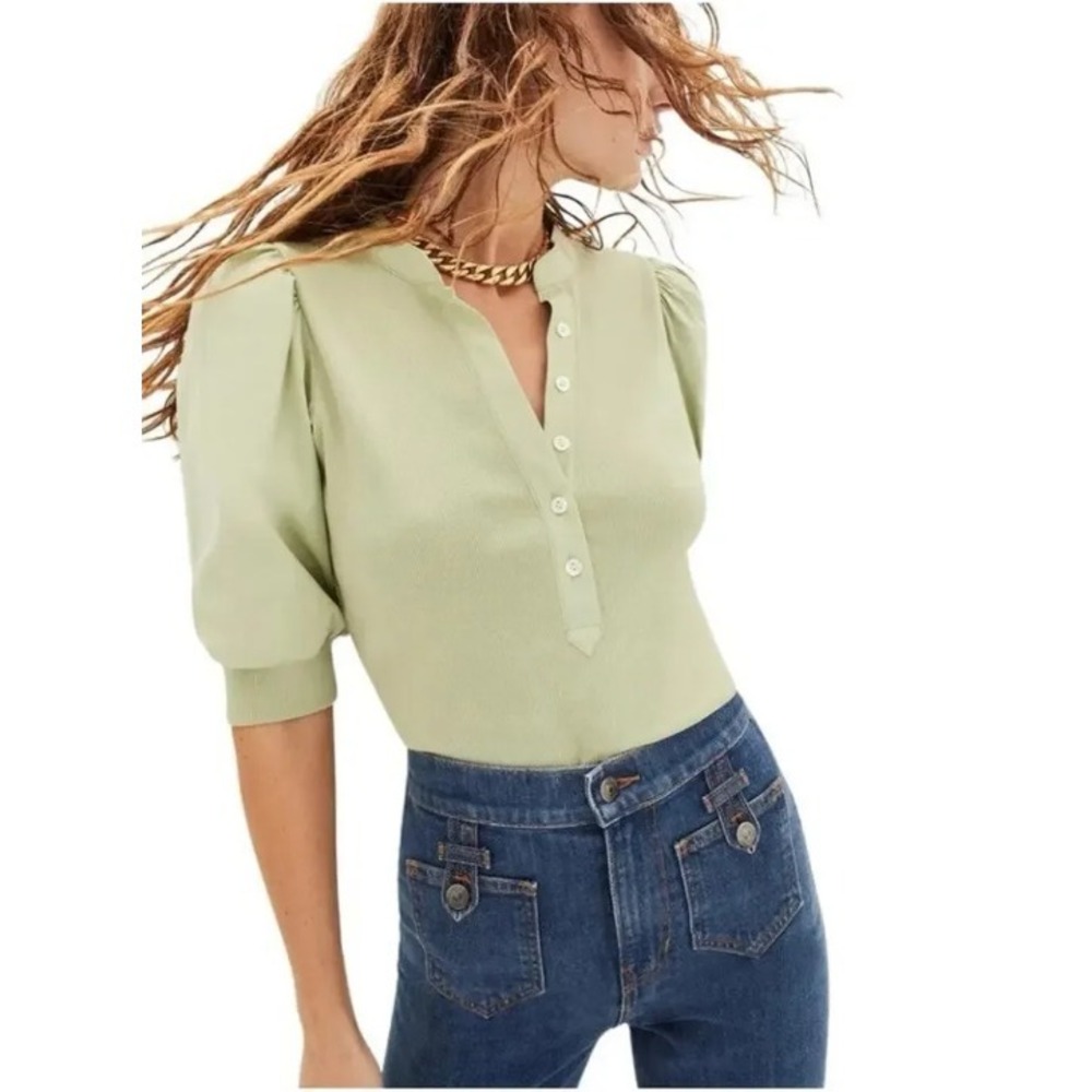 Veronica Beard Coralee Button Top Women Small Puff Sleeve Ribbed Green Pima Knit